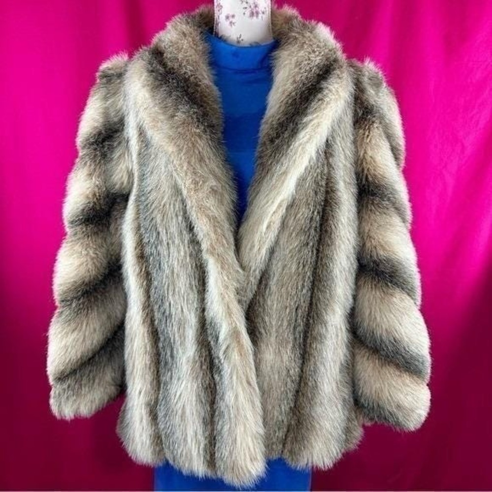 Vintage Faux Fur Striped Coat Brown Short Large Mob Wife Glam Luxury Chic - Picture 15 of 17